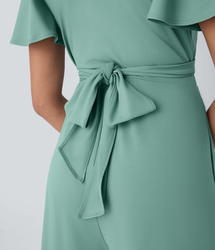 V Neck Butterfly Sleeve Twisted Tie Back Side Pocket Wide Leg Flowy Casual Jumpsuit