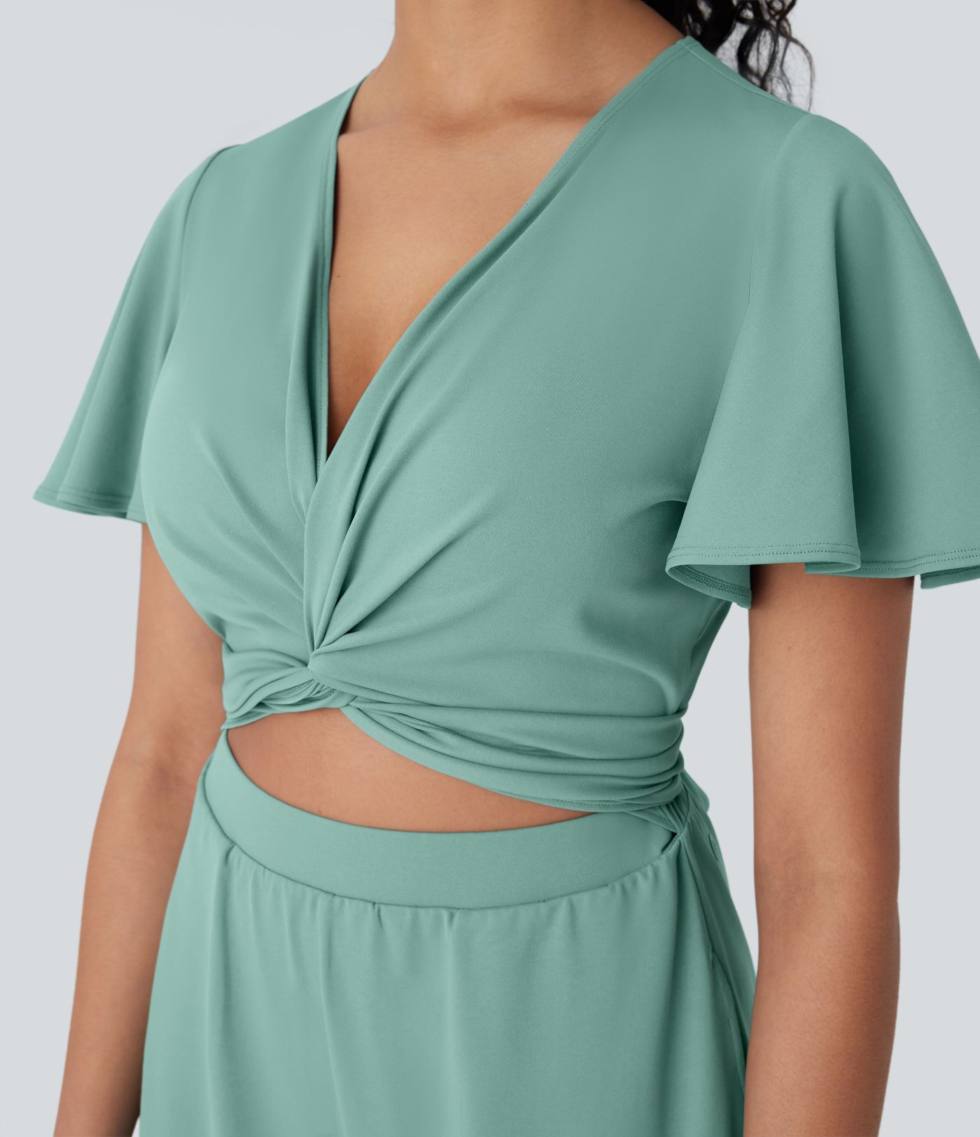 V Neck Butterfly Sleeve Twisted Tie Back Side Pocket Wide Leg Flowy Casual Jumpsuit