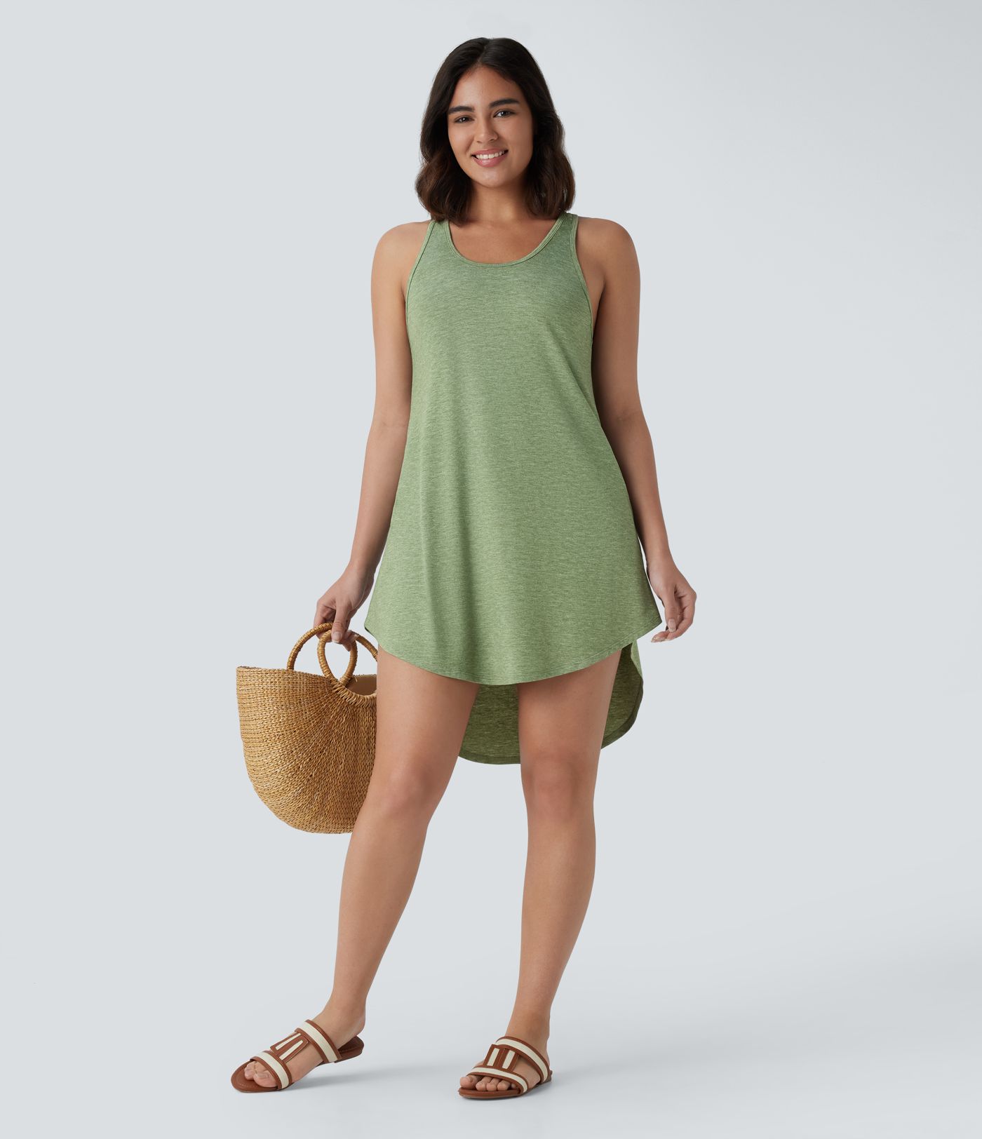 U Neck Backless Racerback Side Pocket High Low Curved Hem Mini Resort Dress