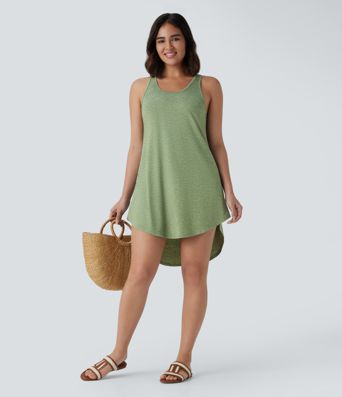 U Neck Backless Racerback Side Pocket High Low Curved Hem Mini Resort Dress