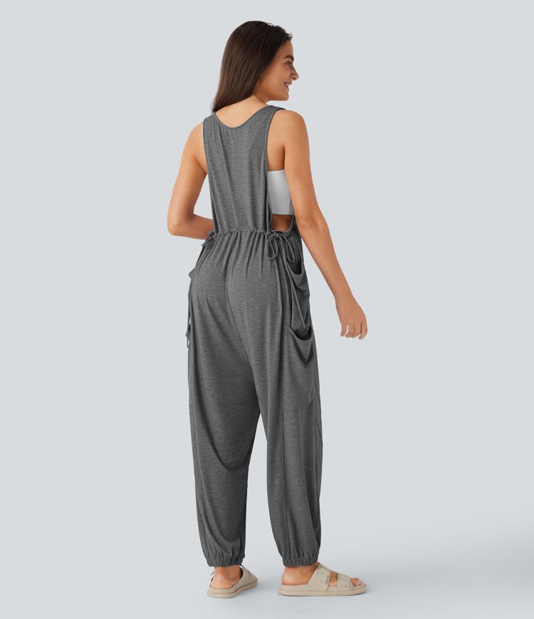 U Neck Drawstring Multiple Pockets Casual Jumpsuit