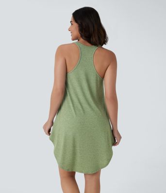 U Neck Backless Racerback Side Pocket High Low Curved Hem Mini Resort Dress