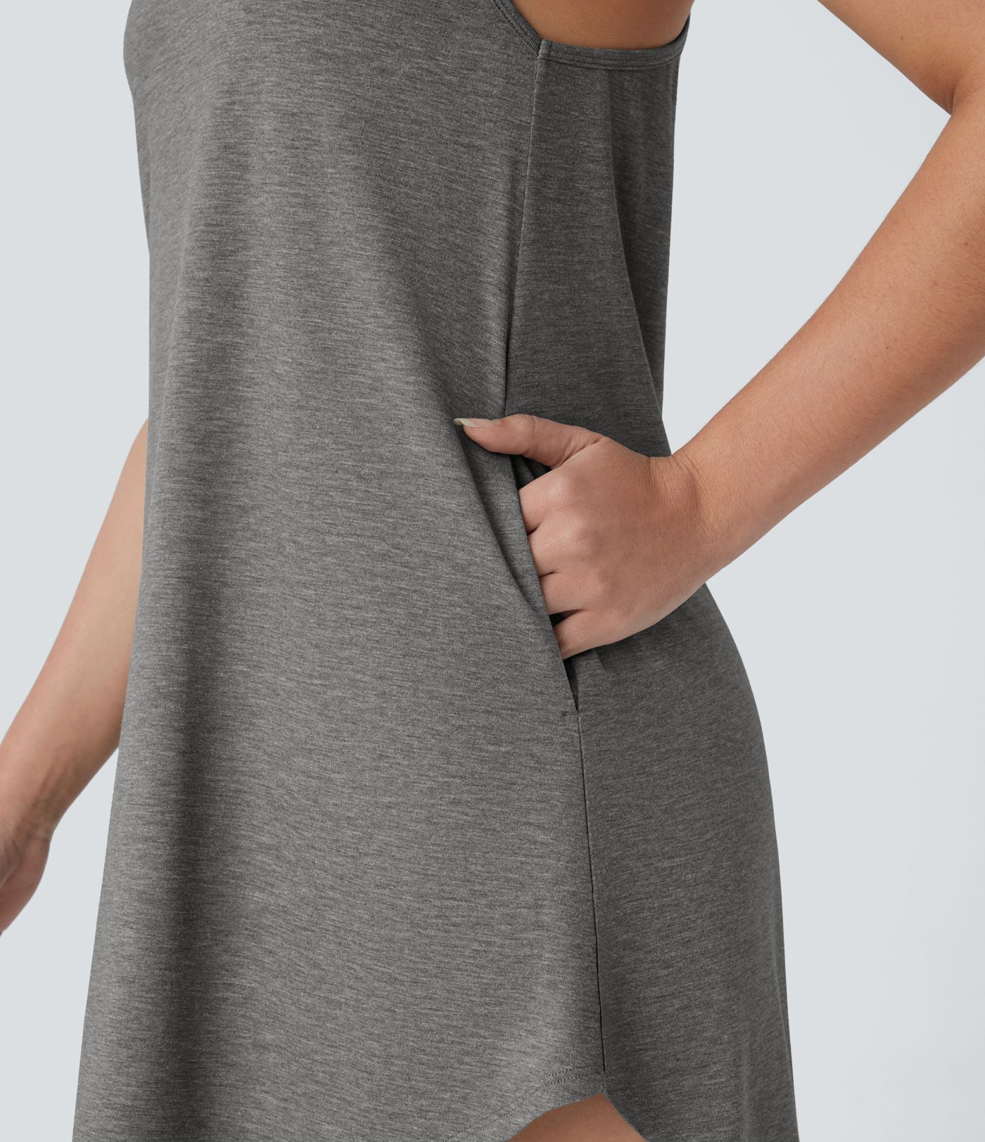 U Neck RacerPocket High Low Curved Hem Mini Dress