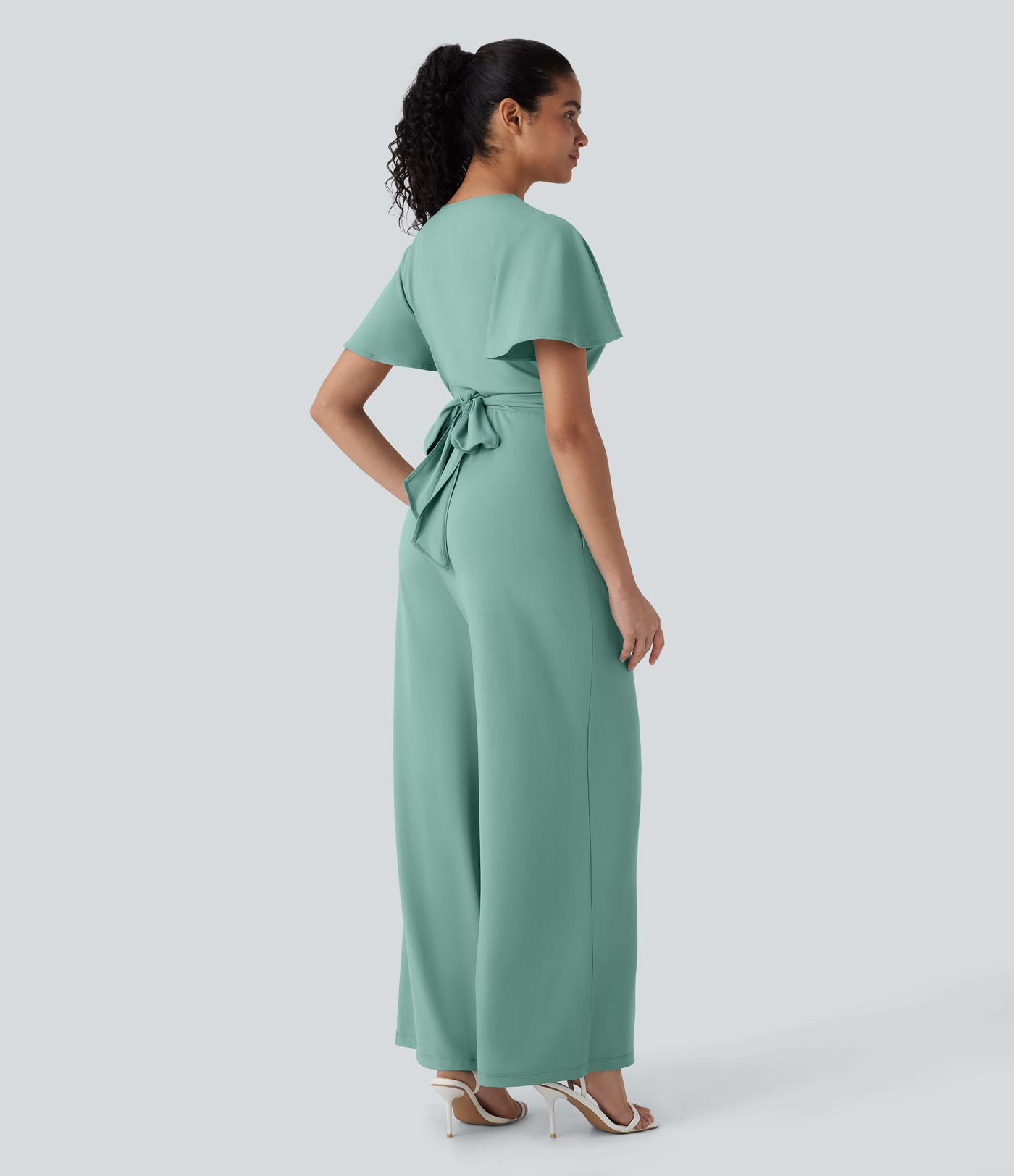 V Neck Butterfly Sleeve Twisted Tie Back Side Pocket Wide Leg Flowy Casual Jumpsuit