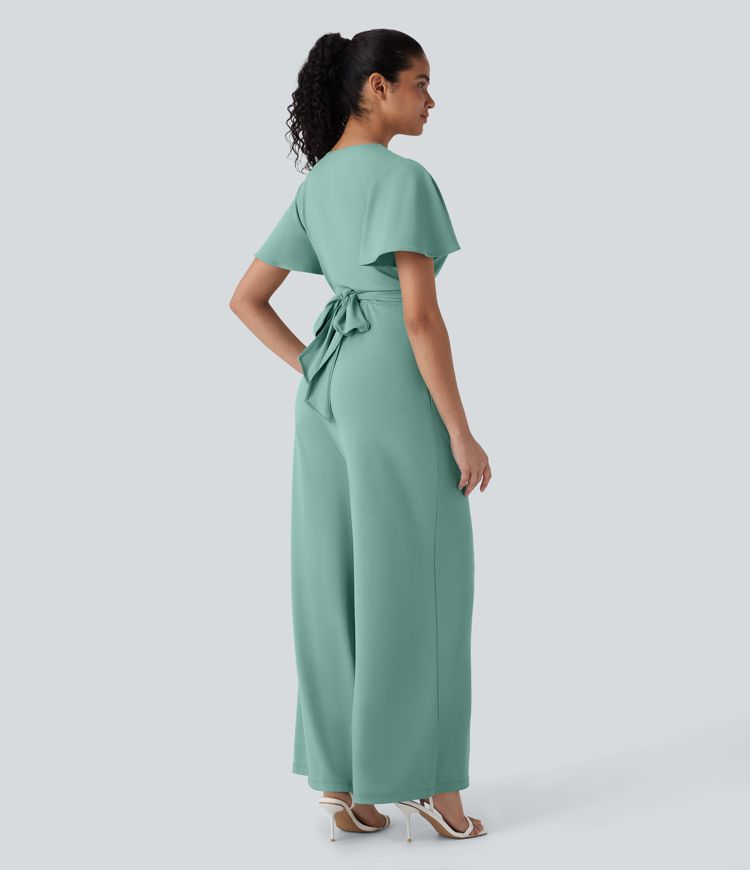 V Neck Butterfly Sleeve Twisted Tie Back Side Pocket Wide Leg Flowy Casual Jumpsuit