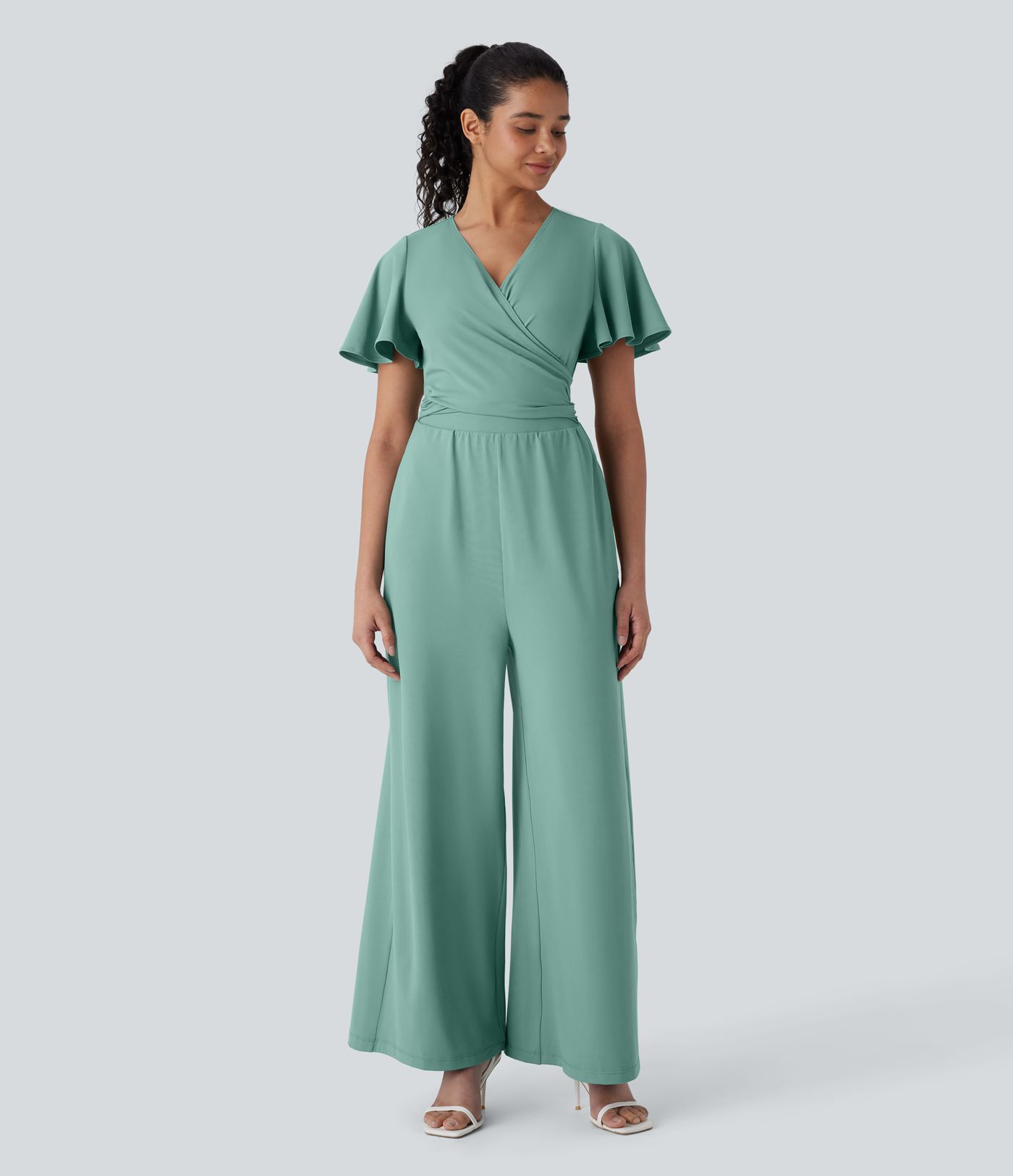 V Neck Butterfly Sleeve Twisted Tie Back Side Pocket Wide Leg Flowy Casual Jumpsuit