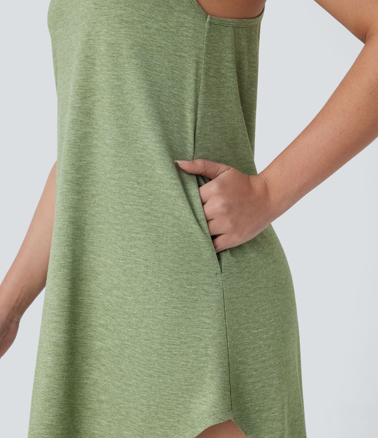 U Neck Backless Racerback Side Pocket High Low Curved Hem Mini Resort Dress