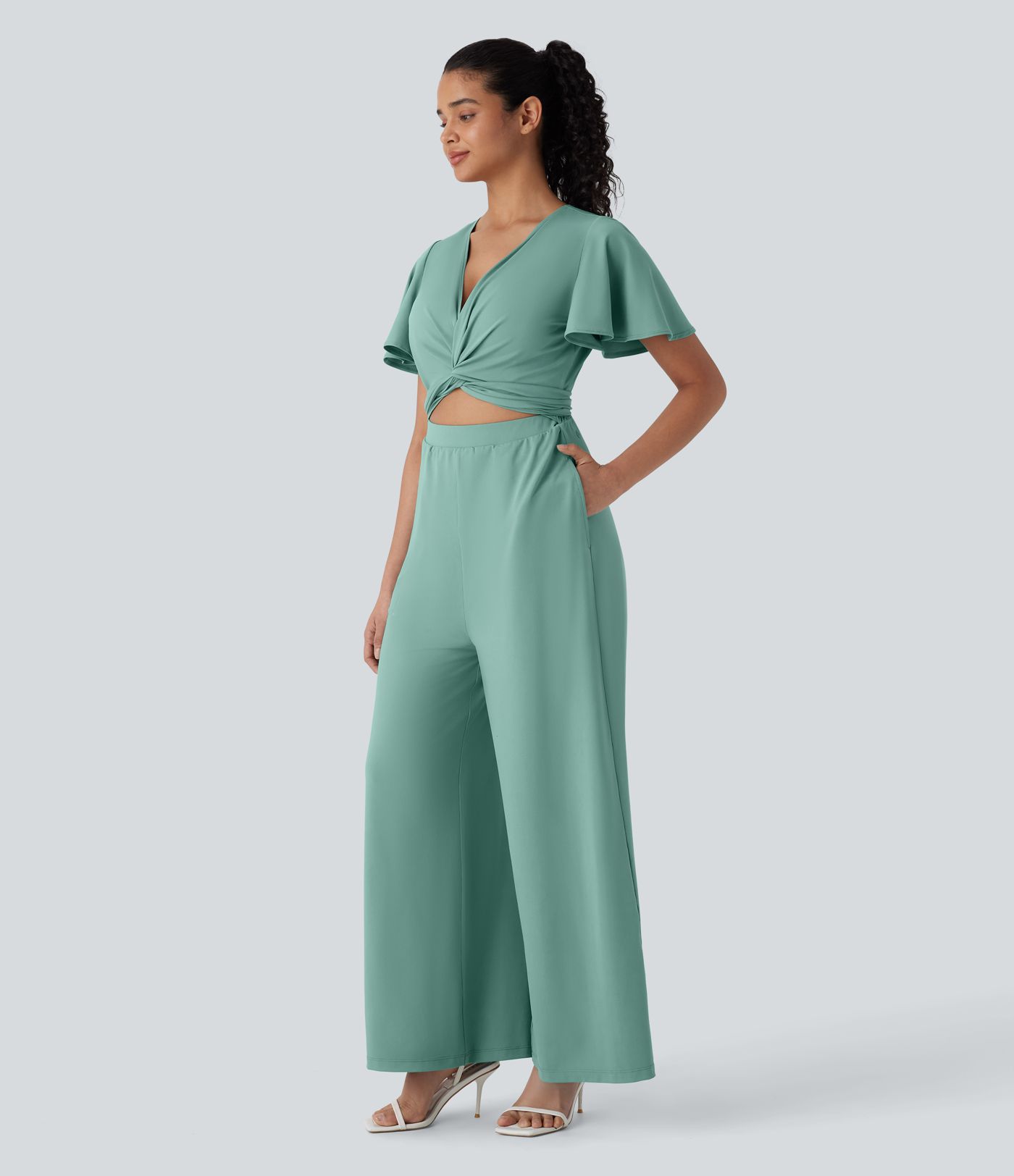 V Neck Butterfly Sleeve Twisted Tie Back Side Pocket Wide Leg Flowy Casual Jumpsuit