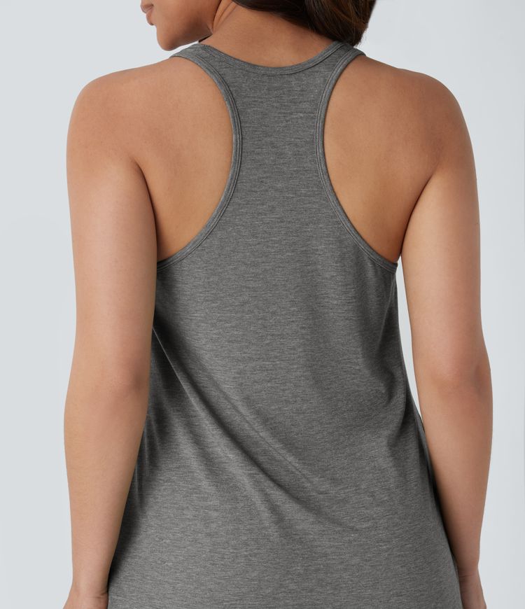 U Neck Backless Racerback Side Pocket High Low Curved Hem Mini Resort Dress