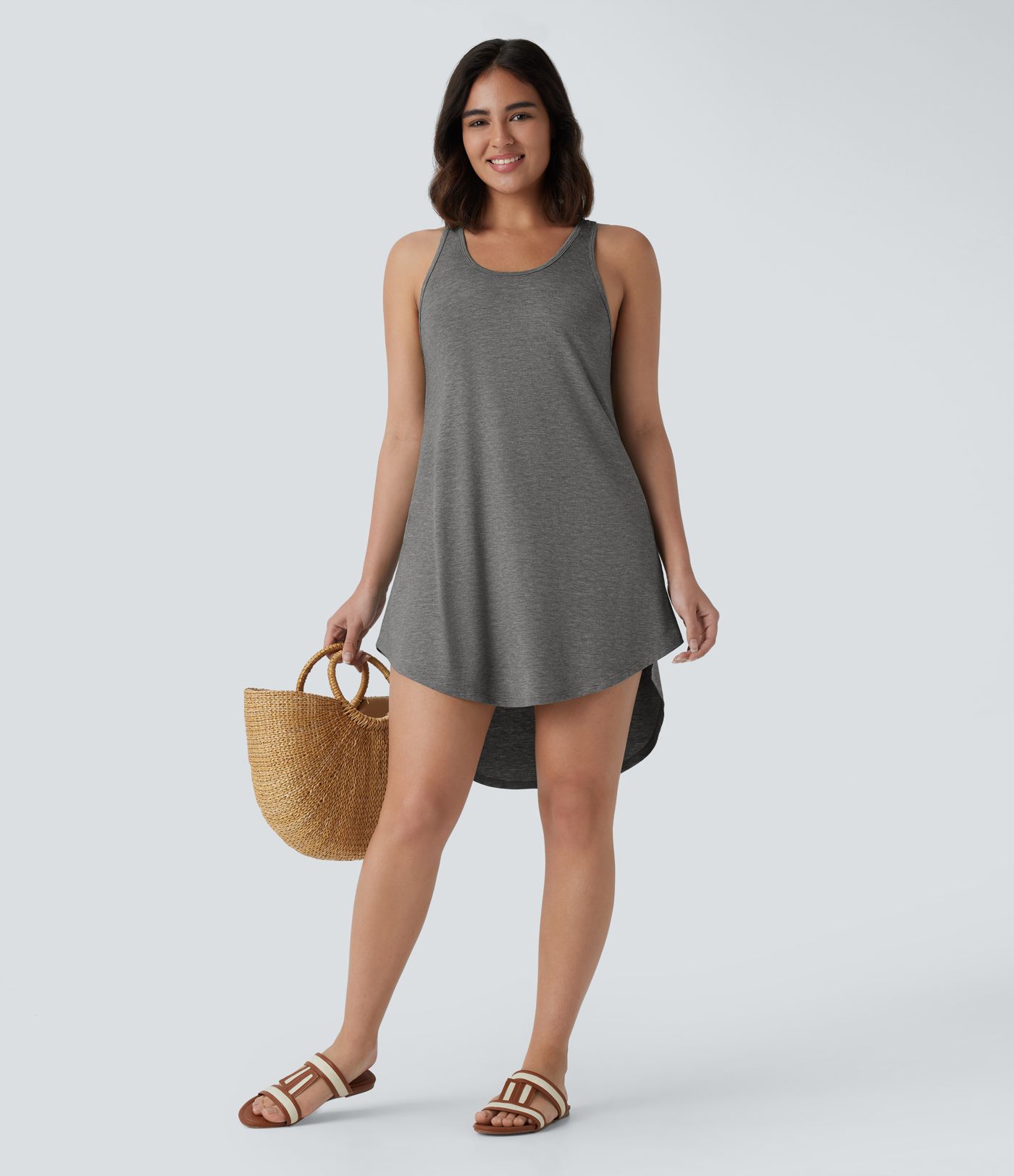 U Neck RacerPocket High Low Curved Hem Mini Dress