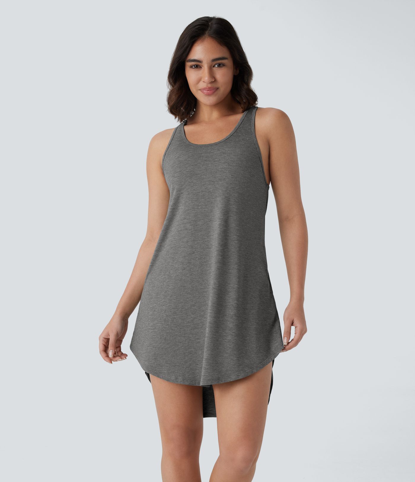 U Neck RacerPocket High Low Curved Hem Mini Dress