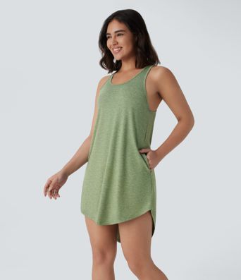 U Neck Backless Racerback Side Pocket High Low Curved Hem Mini Resort Dress