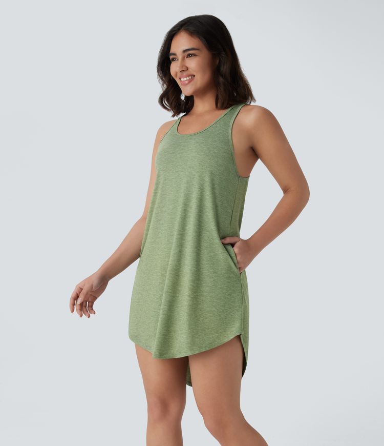 U Neck Backless Racerback Side Pocket High Low Curved Hem Mini Resort Dress