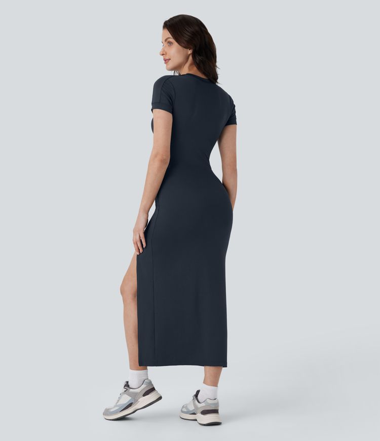 V Neck Short Sleeve Split Midi Slim Casual Tee Dress