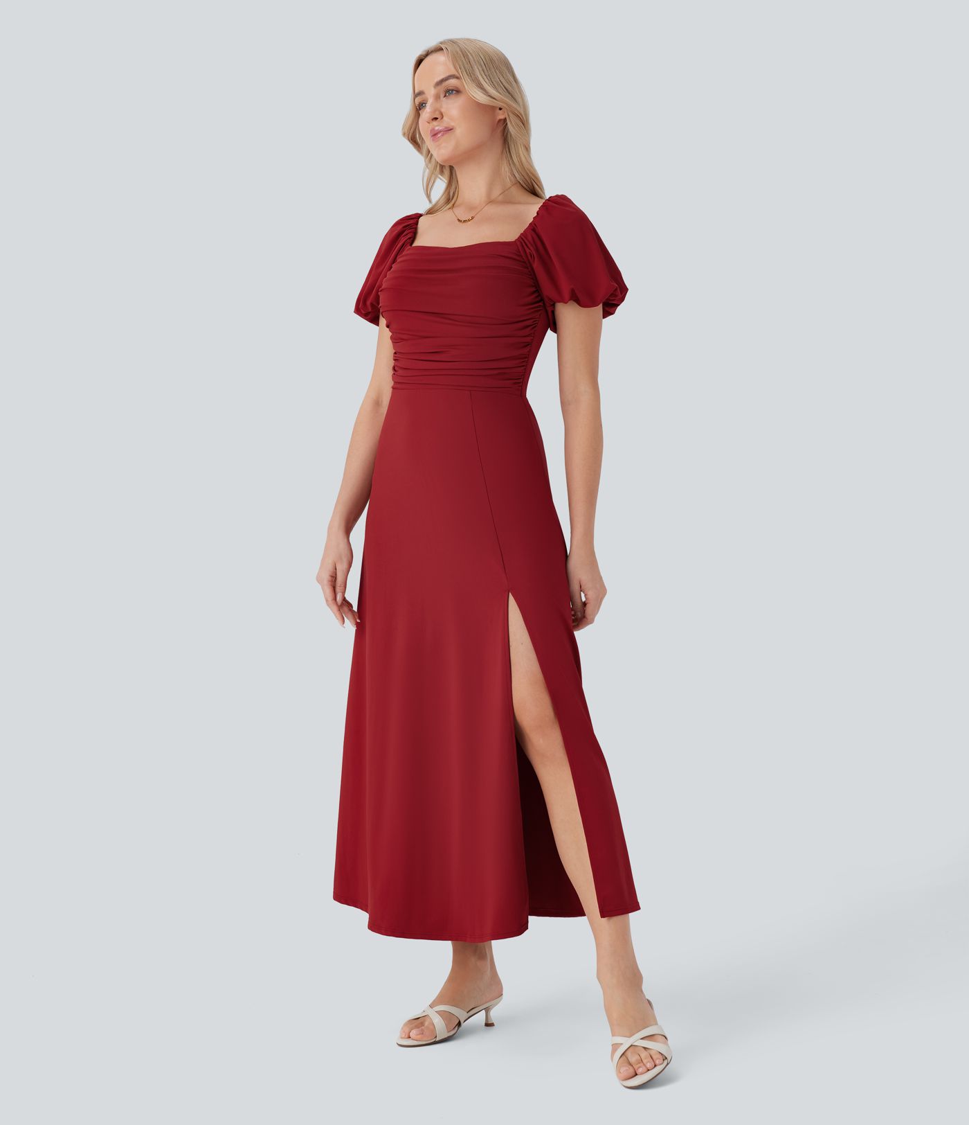 Square Neck Puff Sleeve Ruched Split Midi Resort Dress