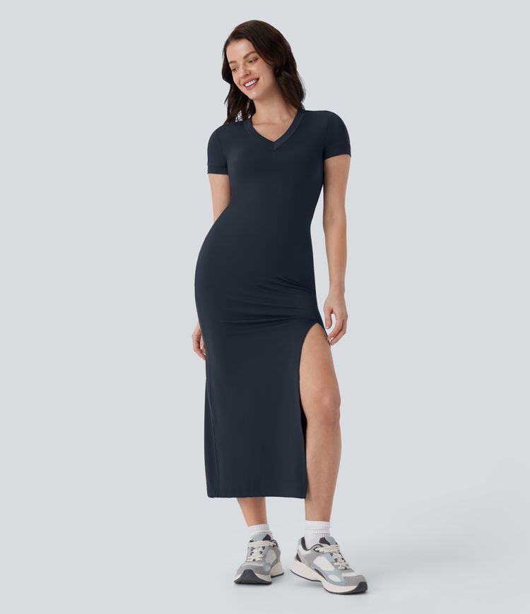 V Neck Short Sleeve Split Midi Slim Casual Tee Dress