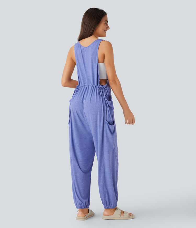 U Neck Drawstring Multiple Pockets Casual Jumpsuit
