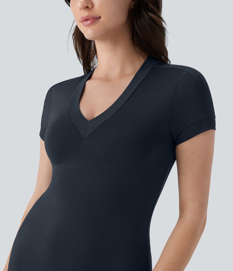 V Neck Short Sleeve Split Midi Slim Casual Tee Dress