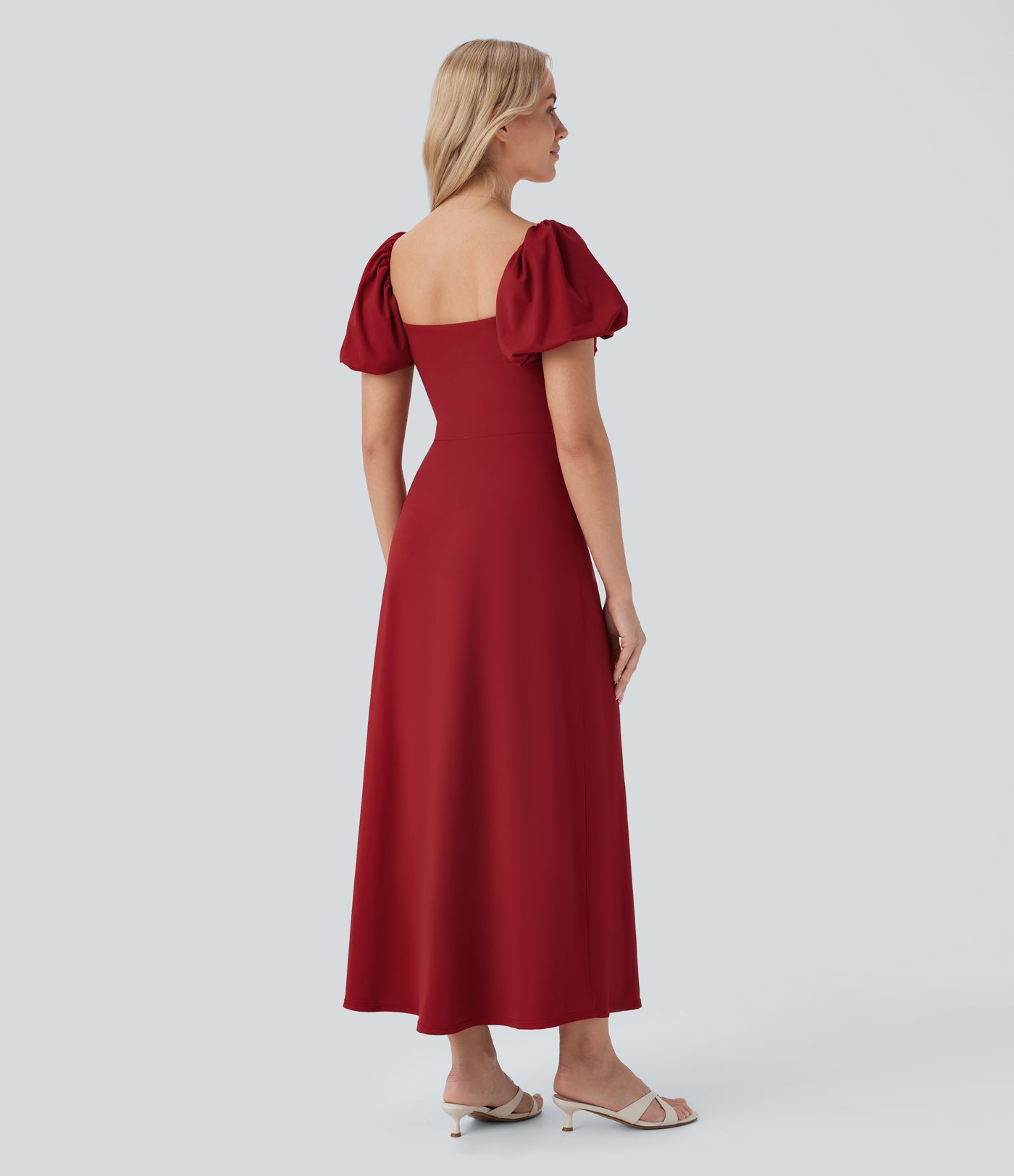 Square Neck Puff Sleeve Ruched Split Midi Resort Dress