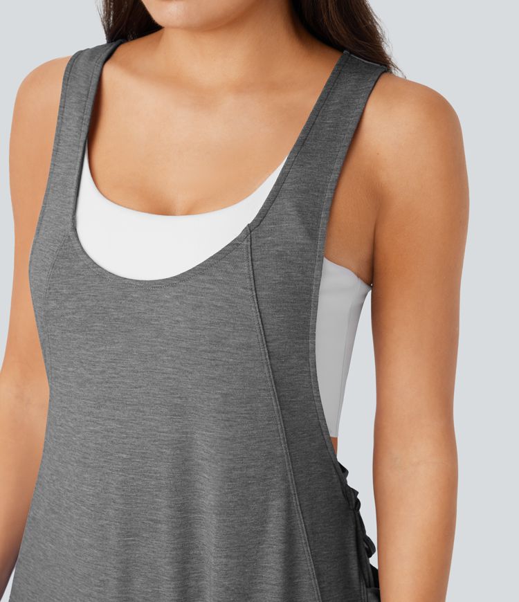 U Neck Drawstring Multiple Pockets Casual Jumpsuit