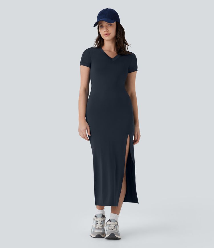 V Neck Short Sleeve Split Midi Slim Casual Tee Dress