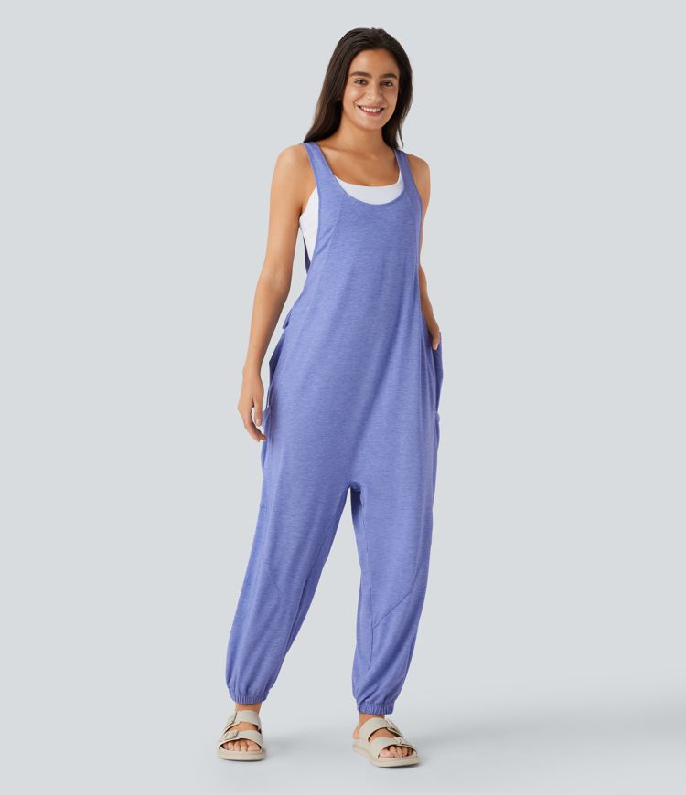 U Neck Drawstring Multiple Pockets Casual Jumpsuit