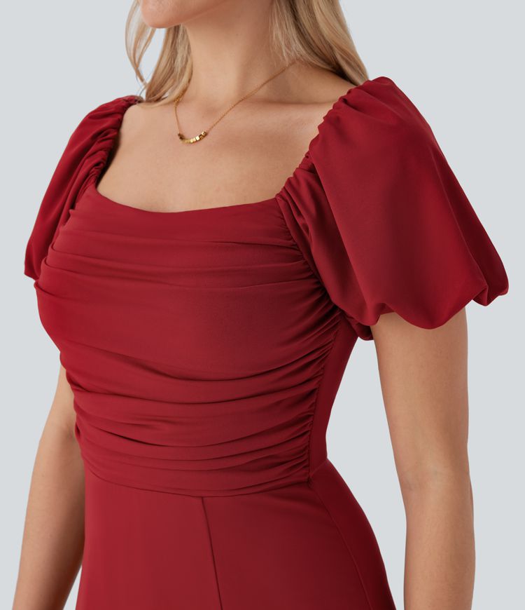 Square Neck Puff Sleeve Ruched Split Midi Resort Dress