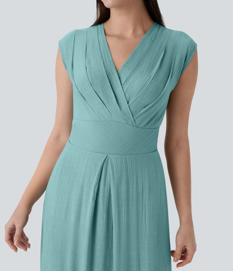 Fließendes Midi-Arbeitskleid mit V-Ausschnitt, überkreuzten Flügelärmeln, unsichtbarem Reißverschluss und Seitentasche