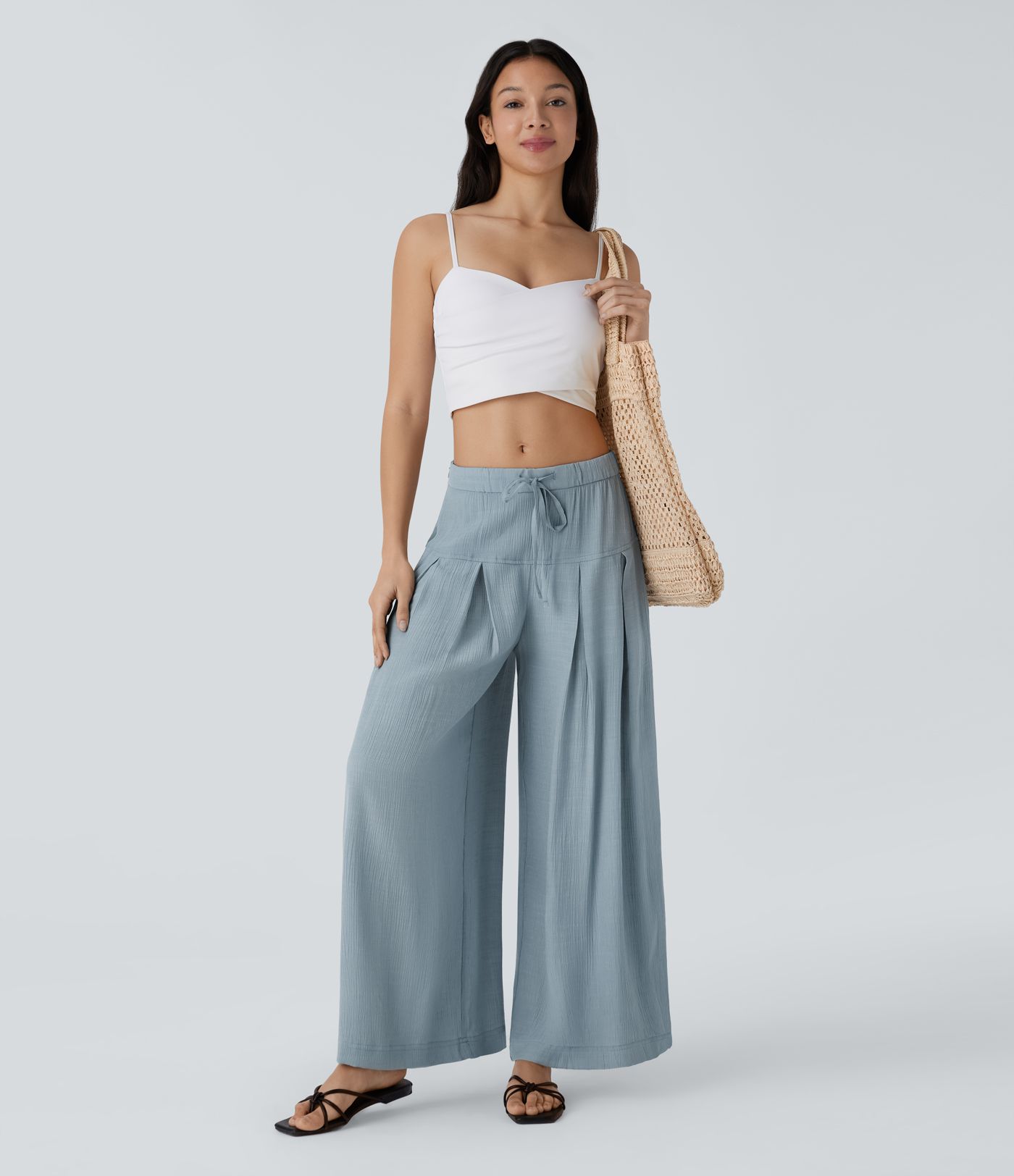 Low Rise Drawstring Invisible Zipper Side Pocket Wide Leg Resort Trousers