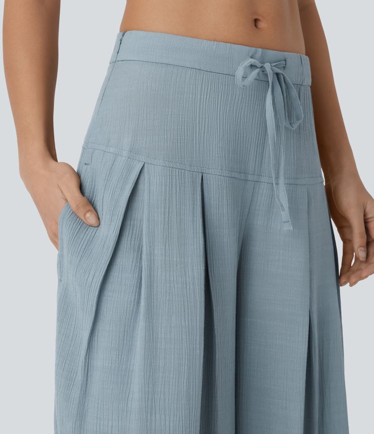 Low Rise Drawstring Invisible Zipper Side Pocket Wide Leg Resort Trousers