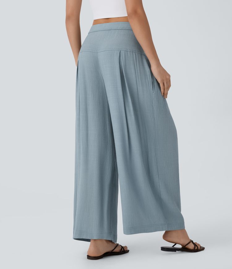Low Rise Drawstring Invisible Zipper Side Pocket Wide Leg Resort Trousers