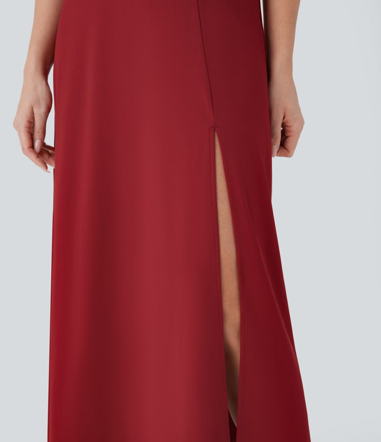 Square Neck Puff Sleeve Ruched Split Midi Resort Dress