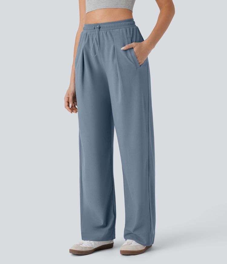 High Waisted Pocket Straight Leg Micro Waffle Casual Pants