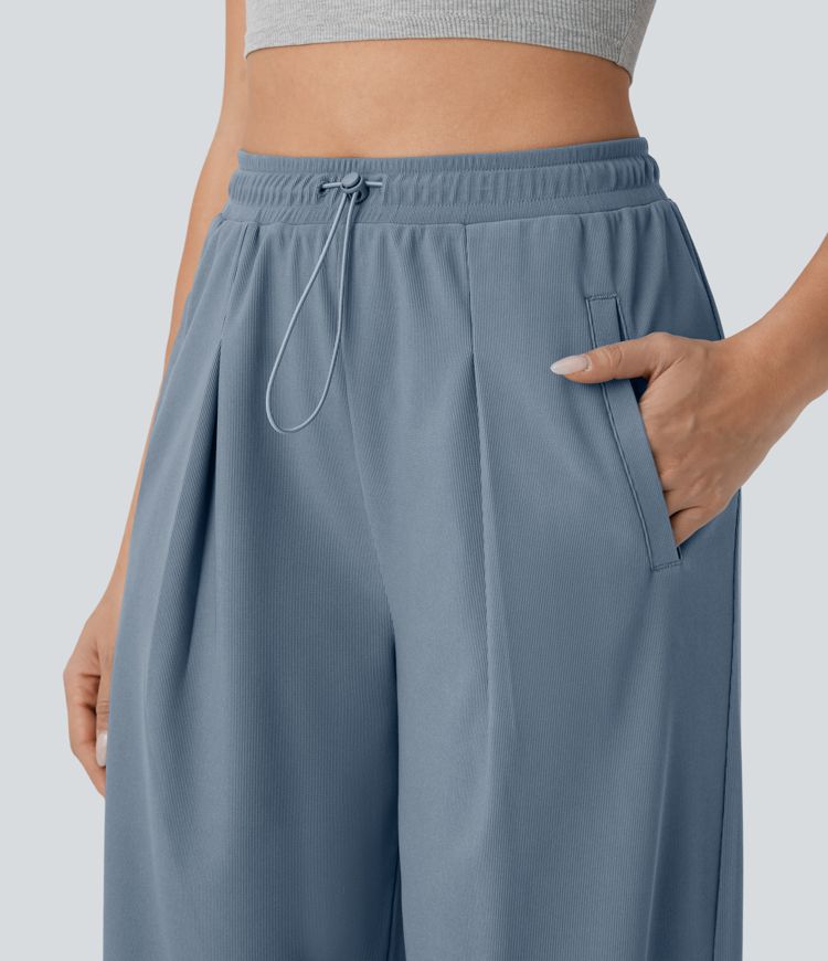 High Waisted Pocket Straight Leg Micro Waffle Casual Pants