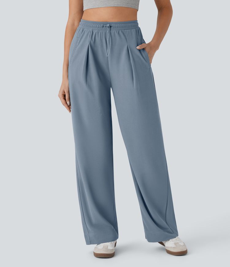 High Waisted Pocket Straight Leg Micro Waffle Casual Pants