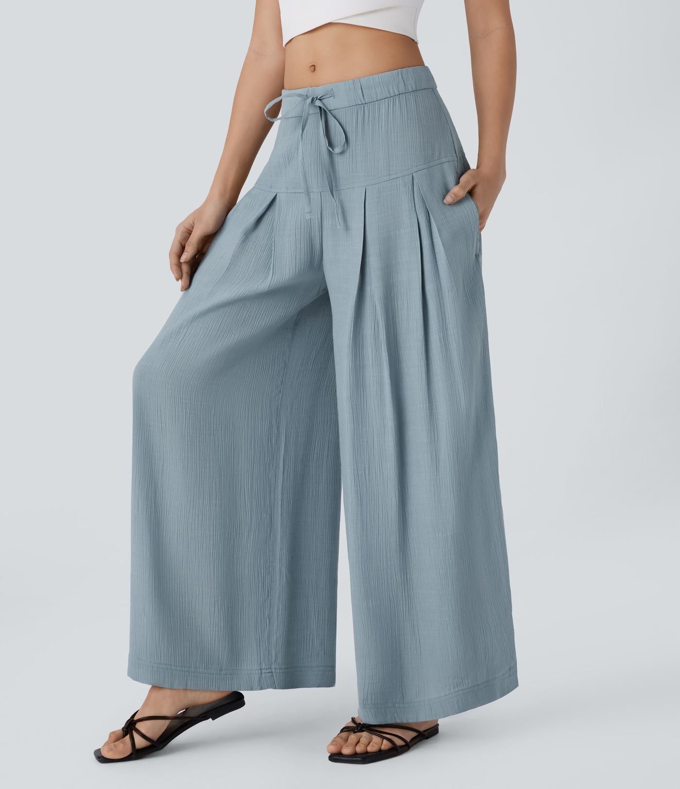 Low Rise Drawstring Invisible Zipper Side Pocket Wide Leg Resort Trousers