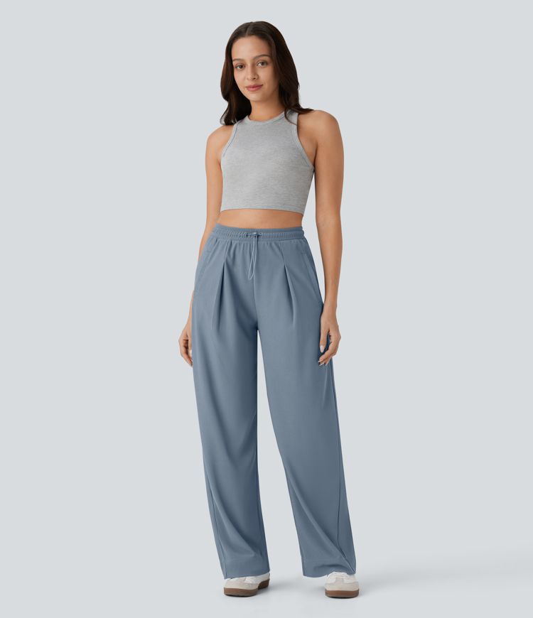 High Waisted Pocket Straight Leg Micro Waffle Casual Pants