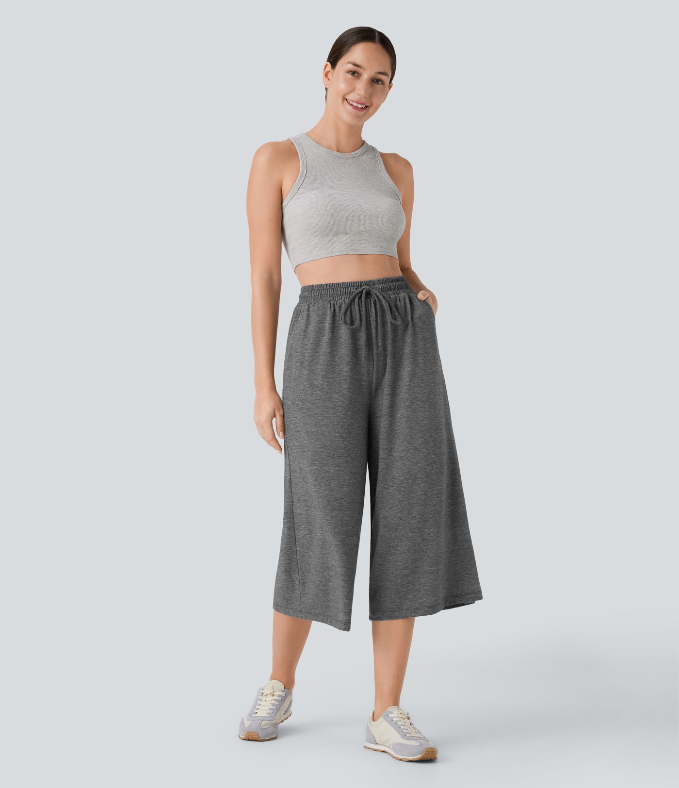 Pantalón capri pierna ancha bolsillo lateral cordón tiro alto