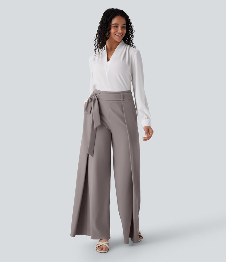 Halara Flex™ Stoffhose in Mikrowaffel-Optik mit hohem Bund, Seitentaschen, Gürtel und weitem Bein