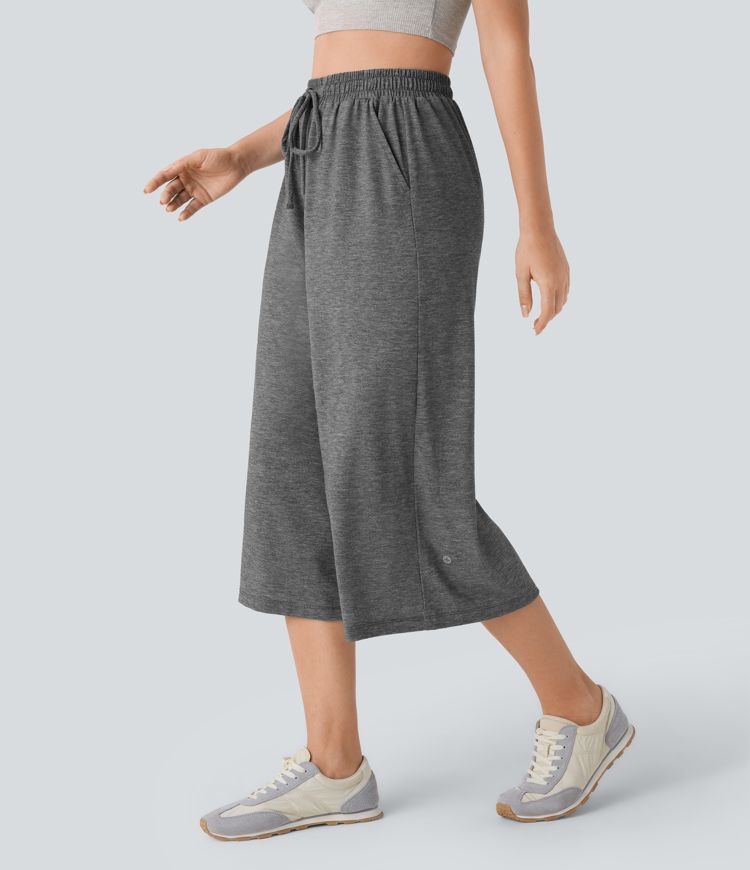 Pantalón capri pierna ancha bolsillo lateral cordón tiro alto