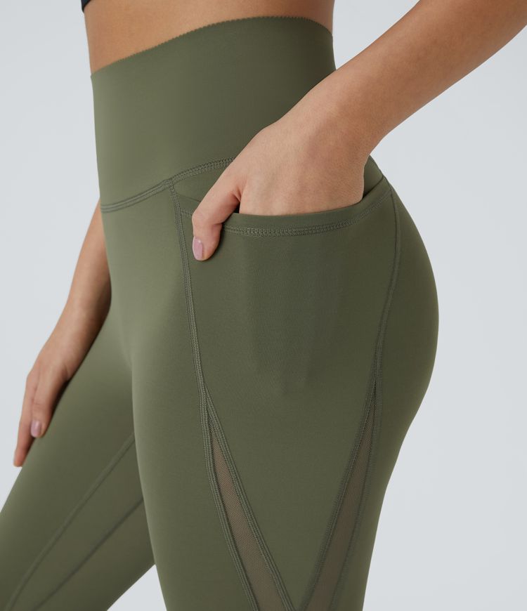 Leggings SoCinched entrenamiento tiro alto antideslizante control abdomen bolsillo lateral malla contrastante secado rápido talla 7/8