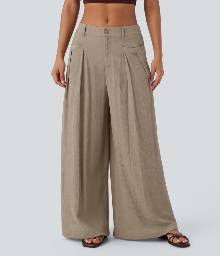 Low Rise Button Zipper Multiple Pockets Wide Leg 2-in-1 Resort Trousers