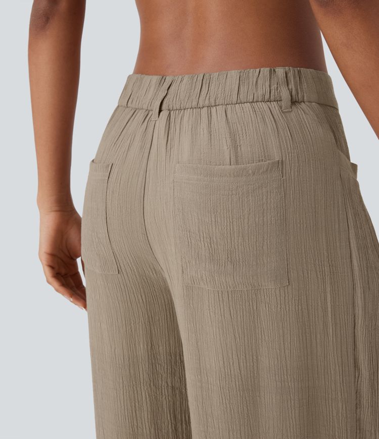 Low Rise Button Zipper Multiple Pockets Wide Leg 2-in-1 Resort Trousers