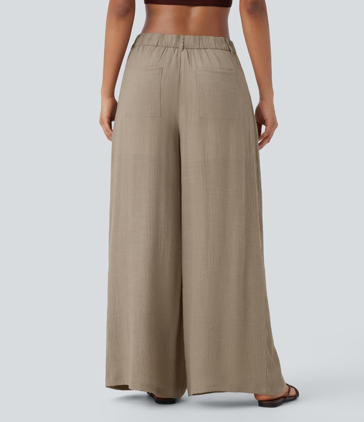 Low Rise Button Zipper Multiple Pockets Wide Leg 2-in-1 Resort Trousers