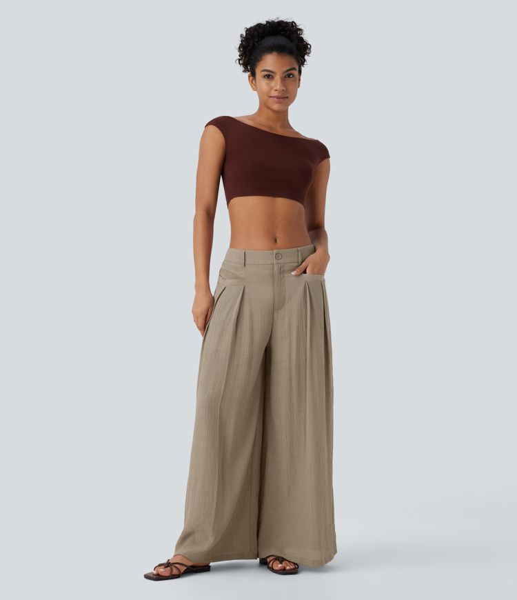 Low Rise Button Zipper Multiple Pockets Wide Leg 2-in-1 Resort Trousers