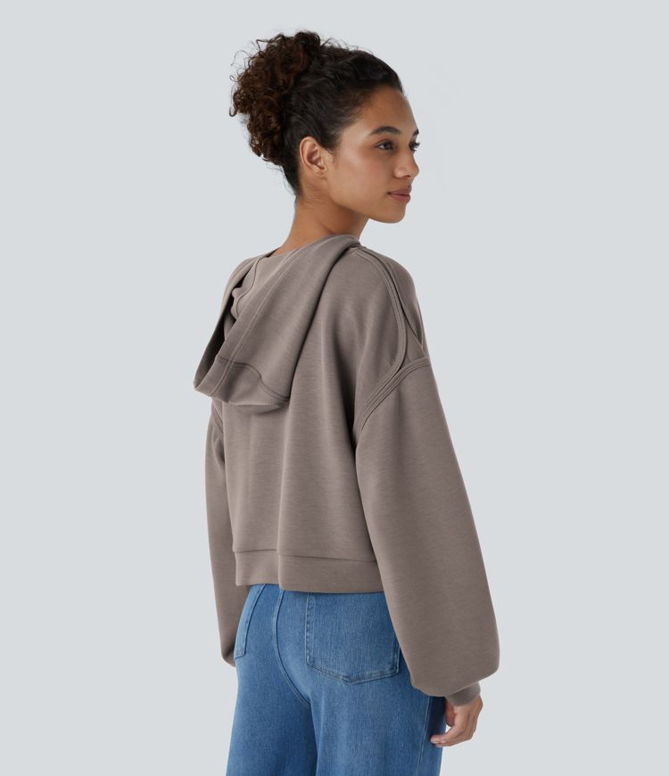 SpacerTek™ Hooded Dropped Shoulder Kangaroo Pocket Cropped Relax Casual Sweatshirt