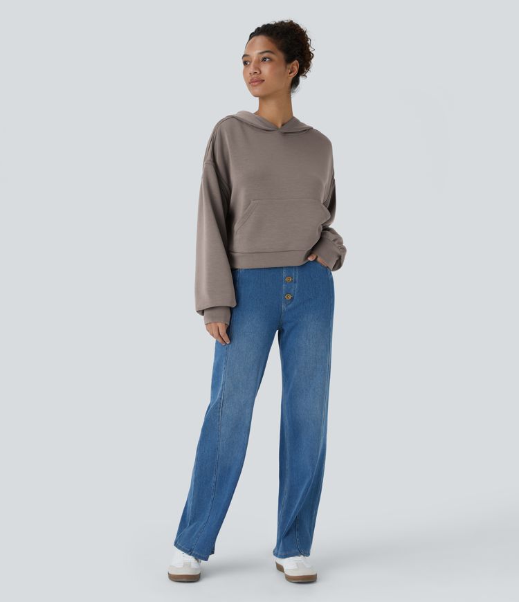 SpacerTek™ Hooded Dropped Shoulder Kangaroo Pocket Cropped Relax Casual Sweatshirt