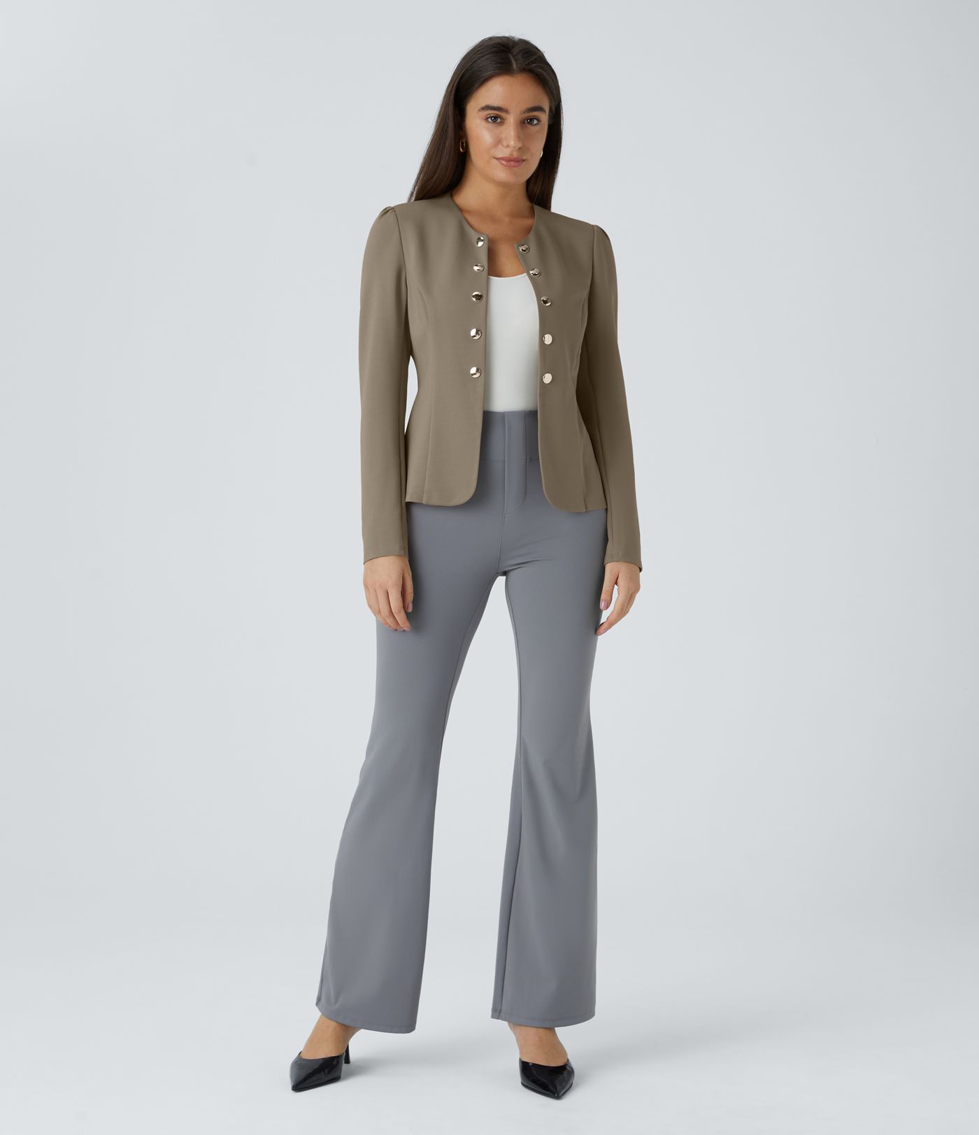 SculptKnit Round Neck Long Sleeve Decorative Button Slim Work Jacket