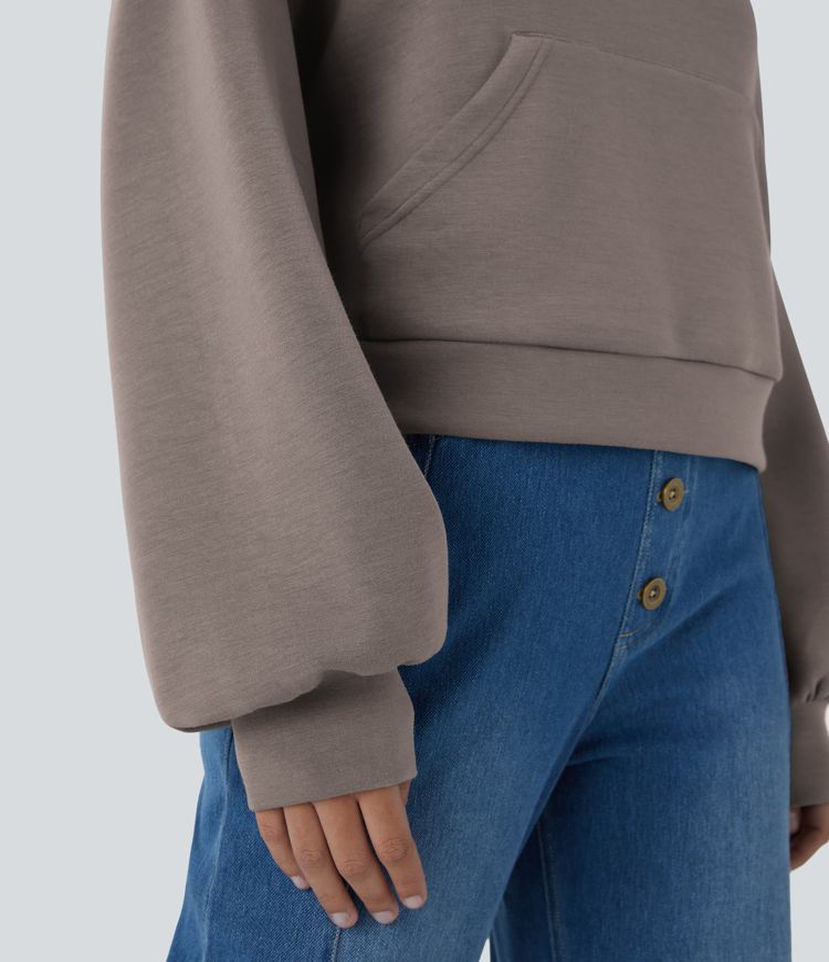 SpacerTek™ Hooded Dropped Shoulder Kangaroo Pocket Cropped Relax Casual Sweatshirt