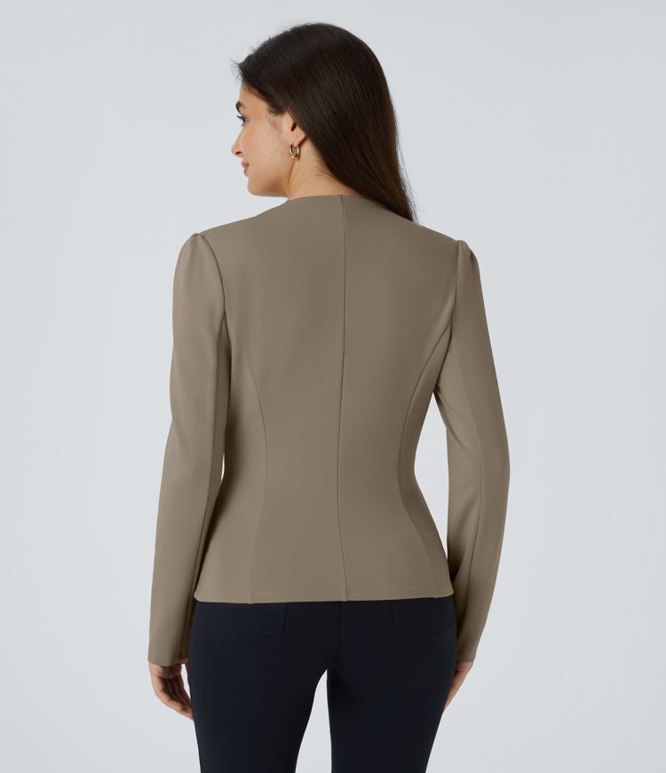 Round Neck Long Sleeve Decorative Button Slim Work Jacket